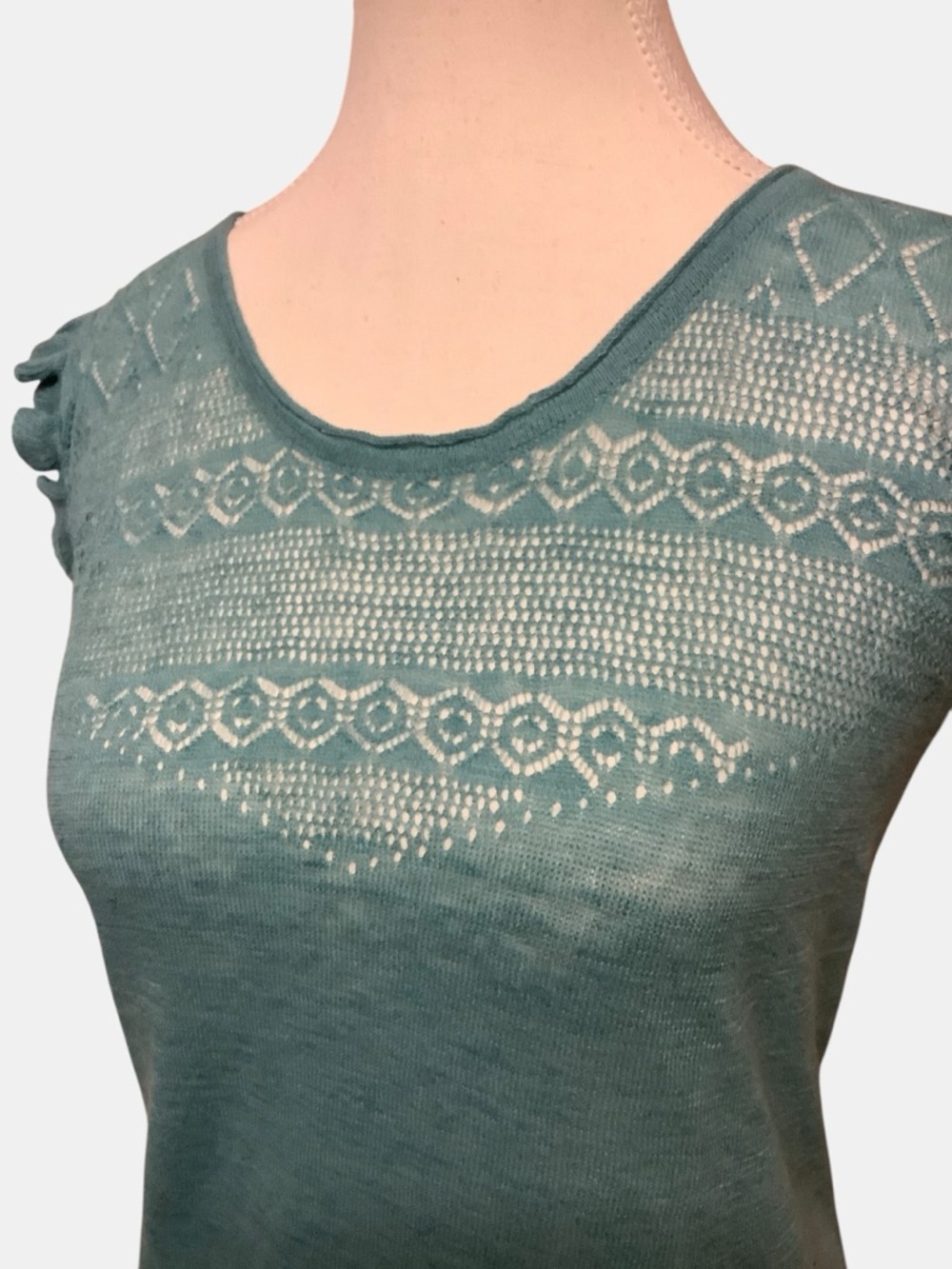 Yerse Linen Blend Knit Top Ruffle Sleeve Lace Detail Teal Size L NWT - Picture 4 of 12